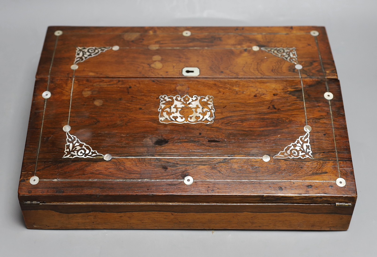 A Victorian mother of pearl inlaid rosewood writing slope, 35.5cm